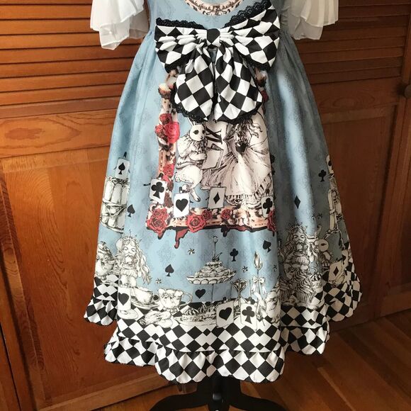 Lolita Alice in Wonderland Tea Party Follow the White Rabbit! Blue White Dress S - Picture 4 of 13